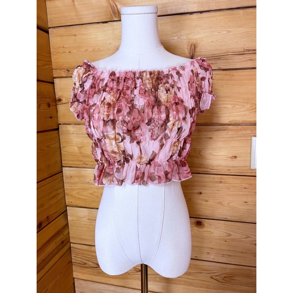 Vintage Floral Mesh Smocked Crop Top Women Medium Pink‎ Y2K Off Shoulder Jessie